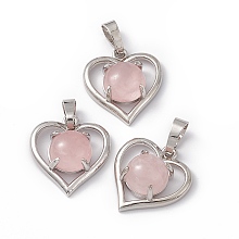 Honeyhandy Natural Rose Quartz Pendants, Heart Charms, with Platinum Tone Brass Findings, Cadmium Free & Nickel Free & Lead Free, 21.5x19.5x7.5~8mm, Hole: 7.5x5mm