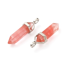 Honeyhandy 2Pcs Cherry Quartz Glass Double Terminal Pointed Pendants, Faceted Bullet Charms, with Platinum Tone Random Alloy Pendant Hexagon Bead Cap Bails, 36~40x12mm, Hole: 3x4mm, Gemstone: 8mm in diameter