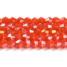 Honeyhandy Opaque Solid Color Electroplate Glass Beads Strands, AB Color Plated, Faceted, Bicone, Orange Red, 4x4mm, Hole: 0.8mm, about 82~85pcs/strand, 30.5~31cm