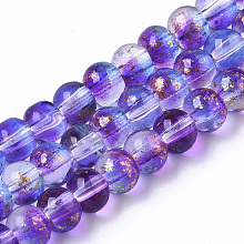 Arricraft Transparent Spray Painted Glass Bead Strands, with Golden Foil, Round, Blue Violet, 4~5mm, Hole: 0.9~1.2mm, about 95~103pcs/Strand, 13.78 inches~14.88 inches(35~37.8cm)