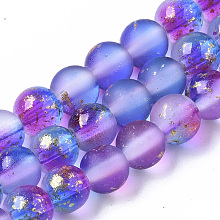 Honeyhandy Frosted Spray Painted Glass Beads Strands, with Golden Foil, Round, Blue Violet, 6~7mm, Hole: 1.2~1.5mm, about 65~67pcs/Strand, 14.76 inch~15.12 inch(37.5~38.4cm)