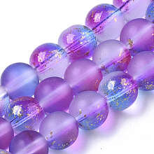 Honeyhandy Frosted Spray Painted Glass Beads Strands, with Golden Foil, Round, Blue Violet, 8~9mm, Hole: 1.2~1.5mm, about 46~56pcs/Strand, 14.37 inch~16.3 inch(36.5~41.4cm)