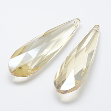 Faceted Teardrop Glass Pendants, Briolette Cut, Lemon Chiffon, 76.5x22x18mm, Hole: 1mm