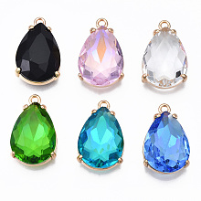 Honeyhandy Glass Pendants, with Light Gold Brass Findings, Long-Lasting Plated, Faceted, Teardrop, Mixed Color, 21x13x7mm, Hole: 1.5mm