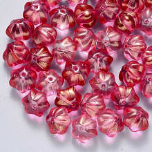 Arricraft Transparent Spray Painted Glass Beads, with Glitter Powder, Flower, Crimson, 10.5x9.5x8mm, Hole: 1mm