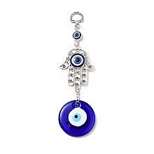 Honeyhandy Hamsa Hand/Hand of Miriam Pendant Decorations, Handmade Lampwork & Alloy & Resin Evil Eye Hanging Ornaments, Antique Silver, 184mm, Hole: 13.5x9.5mm