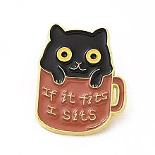 Honeyhandy Cat with Word Enamel Pin, Golden Alloy Brooch for Backpack Clothes, Tableware, 30x24x1.5mm