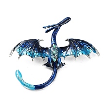 Honeyhandy Dragon Alloy Rhinestone Brooches, Enamel Pins, Antique Silver, Blue, 70x78x13mm