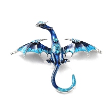 Honeyhandy Dragon Alloy Rhinestone Brooches, Enamel Pins, Alloy Badge for Unisex, Antique Silver, Blue, 74x88x16mm