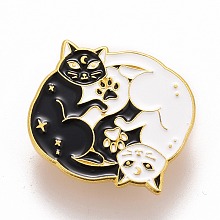 Honeyhandy Double Cat and Great Harmony Enamel Pin, Animal Alloy Badge for Backpack Clothes, Golden, Black, 23x27.5x1.5mm, Pin: 1.2mm