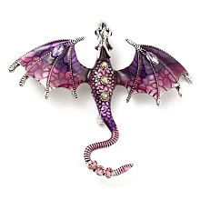 Honeyhandy Dragon Enamel Pins, Antique Silver Alloy Rhinestone Brooch, Purple, 61x70.5x10.5mm