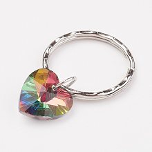 Honeyhandy Iron Keychain, with Heart Glass Pendants, Silver Color Plated, Colorful, 41mm, Pendant: 18x14x7mm