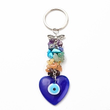 Honeyhandy Natural & Synthetic Gemstone Beaded & Handmade Lampwork Pendants Keychain, with Brass, Iron, 304 Stainless Steel & Alloy Findings, Heart with Evil Eye, Medium Blue, 14.2cm