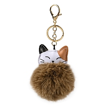 Honeyhandy Imitation Rex Rabbit Fur Ball & PU Leather Cat Pendant Keychain, with Alloy Clasp, for Bag Car Pendant Decoration, Sandy Brown, 16cm