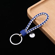 Honeyhandy PU Leather Knitting Keychains, Wristlet Keychains, with Platinum Tone Plated Alloy Key Rings, Royal Blue, 12.5x3.2cm