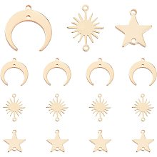 BENECREAT 30Pcs 3 Style Sun Brass Links 14K Gold Plated Star Moon Connectors with 2 Holes for DIY Jewelry Making Findings