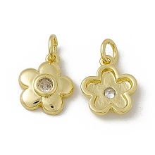 Honeyhandy Rack Plating Brass Cubic Zirconia Charms, with Jump Ring, Real 18K Gold Plated, Long-Lasting Plated, Cadmium Free & Nickel Free & Lead Free, 5-Petal Flower Charm, Clear, 12x10.5x2.5mm, Jump Ring: 5x0.9mm, Inner Diameter: 3.2mm