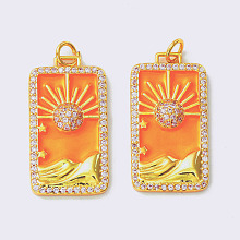 Honeyhandy Rack Plating Brass Micro Pave Clear Cubic Zirconia Pendants, with Enamel, Cadmium Free & Nickel Free & Lead Free, Real 18K Gold Plated, Rectangle with Sun, Dark Orange, 27x14x3.5mm, Hole: 3.4mm