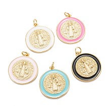 Honeyhandy Brass Enamel Pendants, Real 18K Gold Plated, Long-Lasting Plated, Saint Benedict Medal Charms, Golden, Mixed Color, 23.5x20.5x2mm, Hole: 3mm, Jump Ring: 5x0.8mm