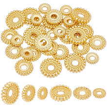 PandaHall Elite 60Pcs 3 Styles Brass Spacer Bead, Flat Round with Gear Lace, Real 18K Gold Plated, 6~9.5x1.5~1.8mm, Hole: 2~2.5mm, 20pcs/style