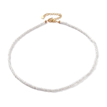 Honeyhandy Round Glass Seed Beaded Necklaces, with Brass Crimp Beads and 304 Stainless Steel Lobster Claw Clasps, Golden, White, 14-5/8 inch(37cm)