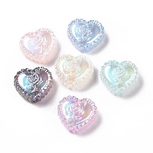 UV Plating Rainbow Iridescent Acrylic Beads, Heart with Rose Flower, Mixed Color, 25x27.5x9.2mm, Hole: 3.6mm