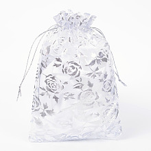 Honeyhandy Rose Printed Organza Bags, Gift Bags, Rectangle, White, 18x13cm