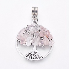 Honeyhandy Alloy European Dangle Charms, with Natural Rose Quartz Chips, Flat Round with Tree, Antique Silver, 38mm, Hole: 4mm, 28x25x4~5mm