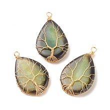 Honeyhandy Natural Crackle Agate Pendants, Dyed, with Golden Tone Eco-Friendly Copper Wire Wrapped, Teardrop with Tree, Green, 49~52x31~32x9~11mm, Hole: 3.2~3.8mm