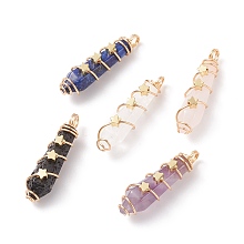 Honeyhandy Natural Mixed Stone Pointed Pendants, Bullet Charm, with Real 18K Gold Plated Tone Copper Wire Wrapped and Brass Star Beads, Faceted, 37x10~11x11~12mm, Hole: 3.5mm