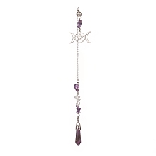 Honeyhandy Natural Amethyst Pointed Dowsing Pendulums, with Stainless Steel Triple Moon & Pentagram, Bullet, 266mm