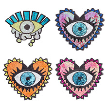 Nbeads 4Pcs 4 Style Sequin Iron on/Sew on Patches, Glittered Appliques, for Garment Decoration, Evil Eye & Heart, Mixed Color, 270x310x1mm & 315x340x1mm, 1pc/style