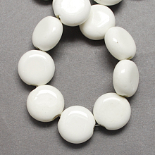 Honeyhandy Handmade Porcelain Beads, Bright Glazed Porcelain, Flat Round, White, 15x14x7mm