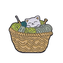 Honeyhandy Yarn Knitting Theme Basket & Cat Enamel Pins, Black Alloy Cartoon Badge for Backpack Clothes, BurlyWood, 25x30mm