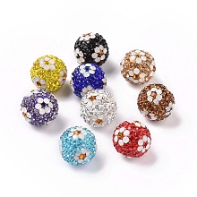 Polymer Clay Rhinestone Beads, Pave Disco Ball Beads, Round with Flower, Mixed Color, 16mm, Hole: 1.6~1.8mm