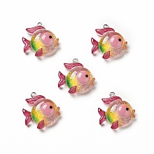 Ocean Theme Transparent Resin Pendants, with Glitter Powder and Platinum Tone Iron Loops, Sea Animal Charm, Colorful, Fish Pattern, 26x27x10mm, Hole: 2mm