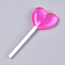 Honeyhandy Resin Big Pendants, with Platinum Plated Iron Loop, Imitation Lollipop, Heart, Deep Pink, 71~73x29x7mm, Hole: 2mm