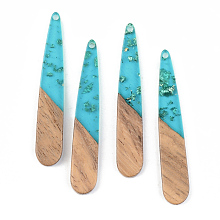 Honeyhandy Transparent Resin & Walnut Wood Pendants, with Gold Foil, teardrop, , Dark Turquoise, 44x7.5x3mm, Hole: 1.5mm