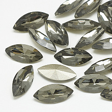 Honeyhandy Pointed Back Glass Rhinestone Cabochons, Back Plated, Faceted, Horse Eye, Black Diamond, 12x6x3.5mm