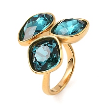 Honeyhandy Teardrop & Square Glass Open Cuff Rings, Real 18K Gold Plated 304 Stainless Steel Ring, Dark Turquoise, US Size 7 1/4(17.5mm)