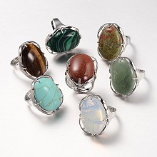 Honeyhandy Adjustable Oval Brass Gemstone Wide Band Rings, Natural & Synthetic Mixed Stone, 17mm, Tray: 28x22mm