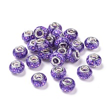 Honeyhandy Transparent Resin European Rondelle Beads, Large Hole Beads, with Flower Polymer Clay and Platinum Tone Alloy Double Cores, Slate Blue, 14x8.5mm, Hole: 5mm