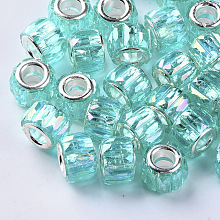 Honeyhandy Transparent Resin European Beads, Large Hole Beads, with Silver Color Plated Double Brass Cores, Faceted, AB Color Plated, Column, Turquoise, 11.5x8mm, Hole: 5mm