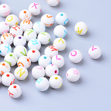 Honeyhandy Craft Acrylic Horizontal Hole Letter Beads, Round, Mixed Color, 7~8mm, Hole: 1.5mm, about 1922pcs/500g