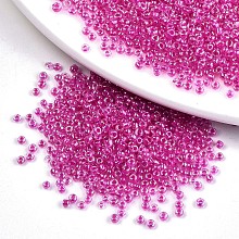 Honeyhandy 8/0 Glass Seed Beads, Inside Colours, Round Hole, Round, Transparent Colours Rainbow, Medium Violet Red, 8/0, 3~4x2~3mm, Hole: 0.8mm, about 15000pcs/bag