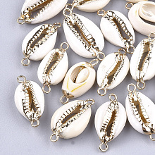 Honeyhandy Electroplate Cowrie Shell Links connectors, with Iron Findings, Golden, 21~27x10~14x6mm, Hole: 1.5mm