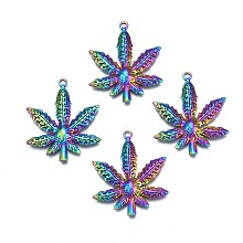 Honeyhandy Ion Plating(IP) 304 Stainless Steel Pendants, Cadmium Free & Nickel Free & Lead Free, Pot Leaf/Hemp Leaf Shape, Rainbow Color, 35.5x30x3.5mm, Hole: 1.8mm