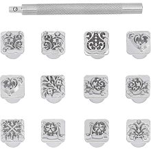 PandaHall Elite 12pcs 10mm Zinc Alloy Leathercraft Metal Flower Pattern Stamps Punch Set Tool with 1pc Handle for Leather Craft Belt Bag Craft DIY Jewelry Marking, 12 Shapes