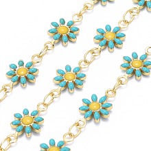 Honeyhandy Handmade Brass Enamel Link Chains, Soldered, Long-Lasting Plated, Golden, Daisy, Dark Turquoise,12.5x7.5x2mm