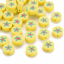 Honeyhandy Handmade Polymer Clay Beads, Flat Round with Christmas Holly Leaves, Yellow, 10x4mm, Hole: 1.6mm